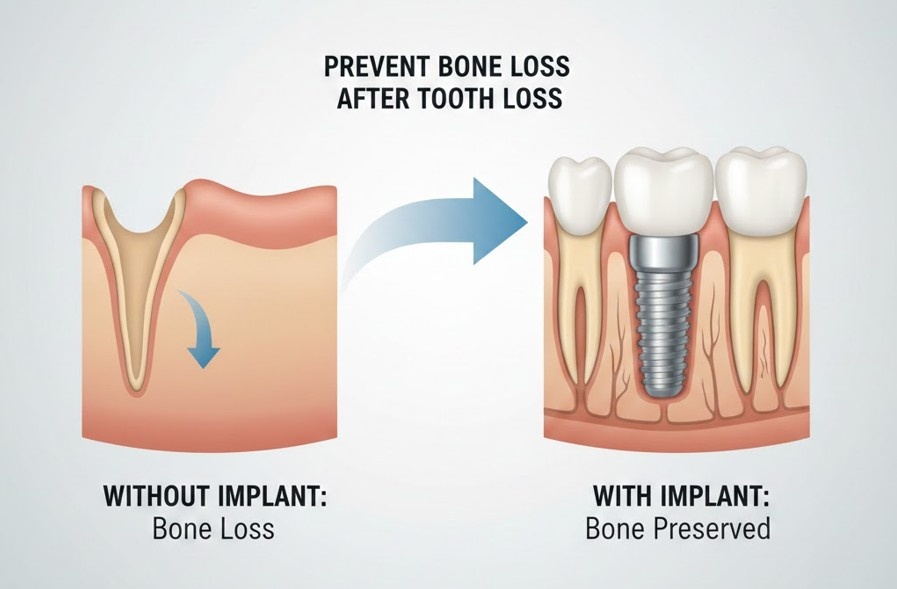 Illustration showing jawbone loss after tooth loss compared to preserved bone with a dental implant